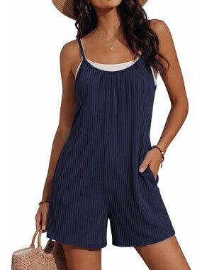 Women's Navy Blue Summer Casual Loose Sleeveless Overall Adjustable Short Romper